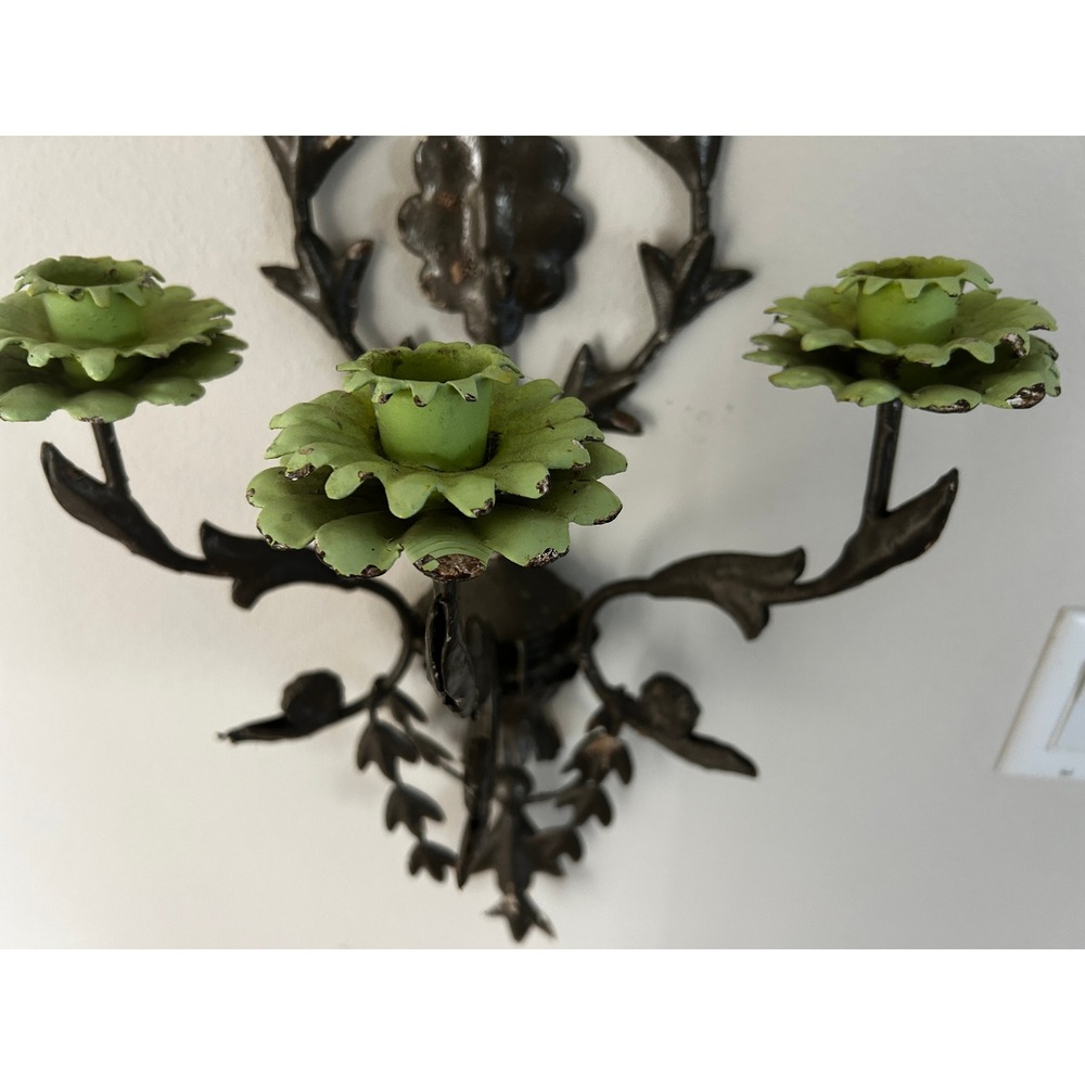 Antique Wrought Iron Wall Sconce Candelabra Green Flower Leaf Ornate Dark - Picture 5 of 5